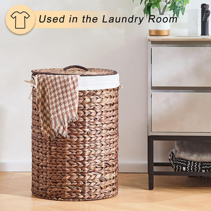 Round Water Hyacinth Laundry Hamper with Lid Handwoven Wicker Basket with Handles for Dirty Clothes, Storage, and Organization Ideal for Bedroom, Bathroom, and Laundry Room, No Assembly Required, 60L