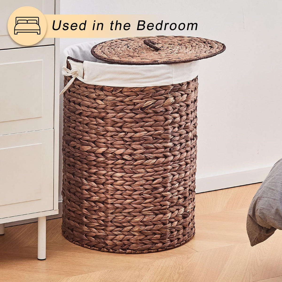 Round Water Hyacinth Laundry Hamper with Lid Handwoven Wicker Basket with Handles for Dirty Clothes, Storage, and Organization Ideal for Bedroom, Bathroom, and Laundry Room, No Assembly Required, 60L