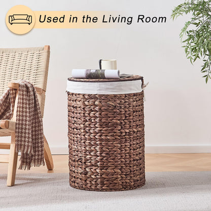 Round Water Hyacinth Laundry Hamper with Lid Handwoven Wicker Basket with Handles for Dirty Clothes, Storage, and Organization Ideal for Bedroom, Bathroom, and Laundry Room, No Assembly Required, 60L