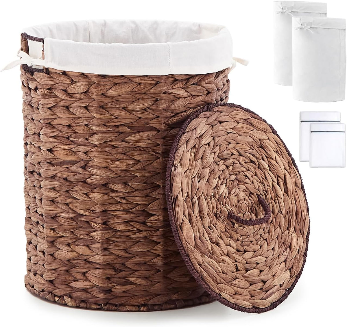 Round Water Hyacinth Laundry Hamper with Lid Handwoven Wicker Basket with Handles for Dirty Clothes, Storage, and Organization Ideal for Bedroom, Bathroom, and Laundry Room, No Assembly Required, 60L