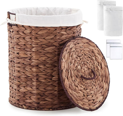 Round Water Hyacinth Laundry Hamper with Lid Handwoven Wicker Basket with Handles for Dirty Clothes, Storage, and Organization Ideal for Bedroom, Bathroom, and Laundry Room, No Assembly Required, 60L