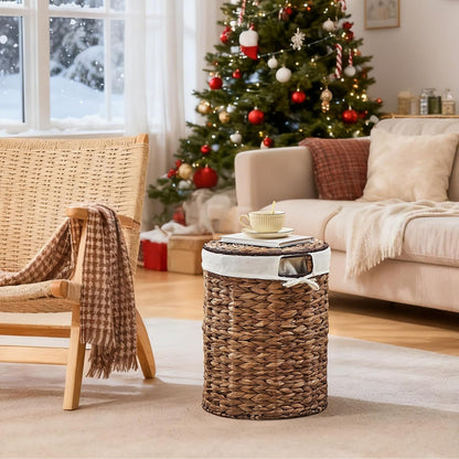 Round Water Hyacinth Laundry Hamper with Lid Handwoven Wicker Basket with Handles for Dirty Clothes, Storage, and Organization Ideal for Bedroom, Bathroom, and Laundry Room, No Assembly Required, 60L