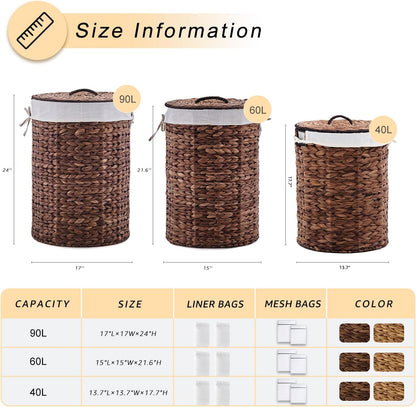 Round Water Hyacinth Laundry Hamper with Lid Handwoven Wicker Basket with Handles for Dirty Clothes, Storage, and Organization Ideal for Bedroom, Bathroom, and Laundry Room, No Assembly Required, 60L
