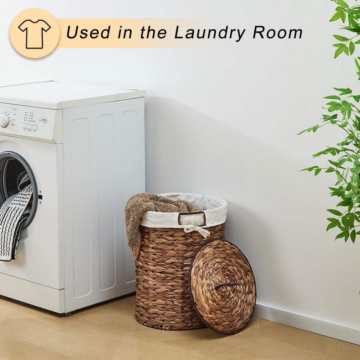 Round Water Hyacinth Laundry Hamper with Lid Handwoven Wicker Basket with Handles for Dirty Clothes, Storage, and Organization Ideal for Bedroom, Bathroom, and Laundry Room, No Assembly Required, 60L