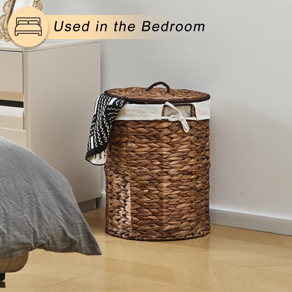 Round Water Hyacinth Laundry Hamper with Lid Handwoven Wicker Basket with Handles for Dirty Clothes, Storage, and Organization Ideal for Bedroom, Bathroom, and Laundry Room, No Assembly Required, 60L