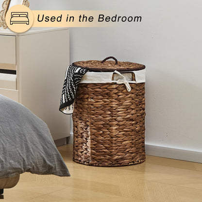 Round Water Hyacinth Laundry Hamper with Lid Handwoven Wicker Basket with Handles for Dirty Clothes, Storage, and Organization Ideal for Bedroom, Bathroom, and Laundry Room, No Assembly Required, 60L