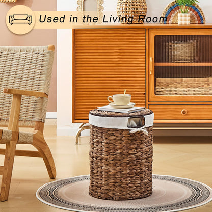 Round Water Hyacinth Laundry Hamper with Lid Handwoven Wicker Basket with Handles for Dirty Clothes, Storage, and Organization Ideal for Bedroom, Bathroom, and Laundry Room, No Assembly Required, 60L
