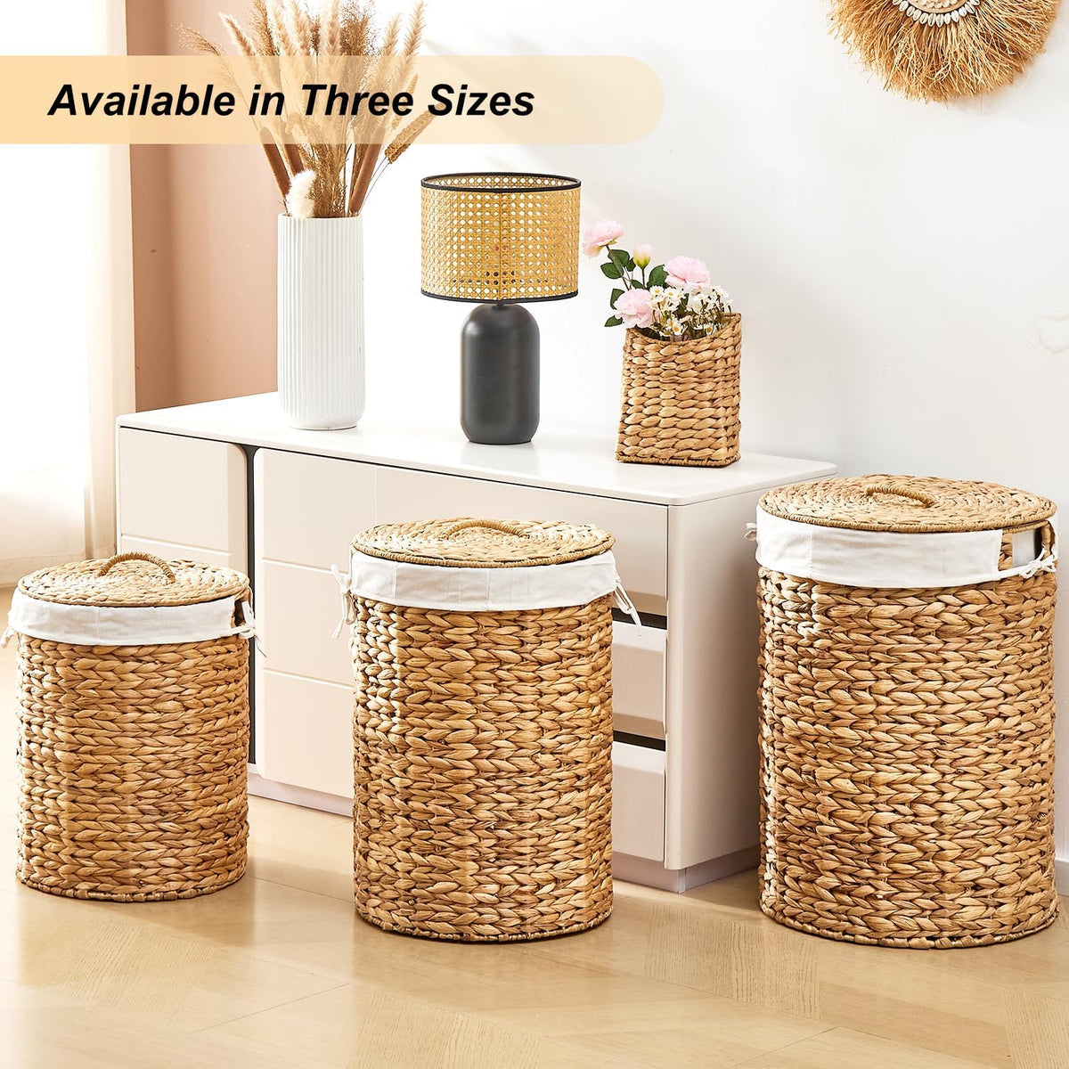Round Water Hyacinth Laundry Hamper with Lid Handwoven Wicker Basket with Handles for Dirty Clothes, Storage, and Organization Ideal for Bedroom, Bathroom, and Laundry Room, No Assembly Required, 60L