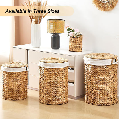 Round Water Hyacinth Laundry Hamper with Lid Handwoven Wicker Basket with Handles for Dirty Clothes, Storage, and Organization Ideal for Bedroom, Bathroom, and Laundry Room, No Assembly Required, 60L