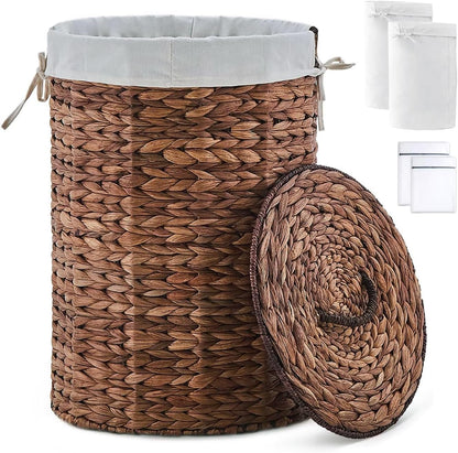 Round Water Hyacinth Laundry Hamper with Lid Handwoven Wicker Basket with Handles for Dirty Clothes, Storage, and Organization Ideal for Bedroom, Bathroom, and Laundry Room, No Assembly Required, 60L