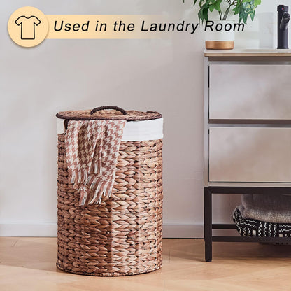 Round Water Hyacinth Laundry Hamper with Lid Handwoven Wicker Basket with Handles for Dirty Clothes, Storage, and Organization Ideal for Bedroom, Bathroom, and Laundry Room, No Assembly Required, 60L