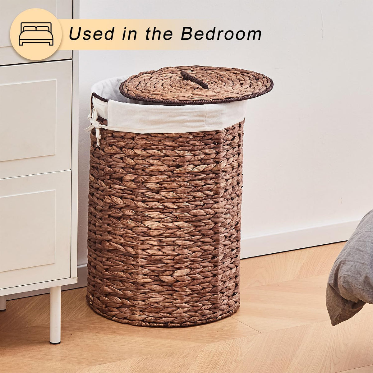 Round Water Hyacinth Laundry Hamper with Lid Handwoven Wicker Basket with Handles for Dirty Clothes, Storage, and Organization Ideal for Bedroom, Bathroom, and Laundry Room, No Assembly Required, 60L
