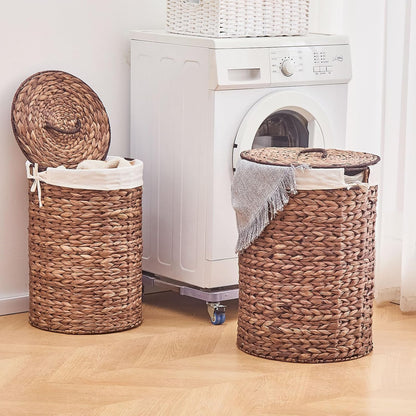Round Water Hyacinth Laundry Hamper with Lid Handwoven Wicker Basket with Handles for Dirty Clothes, Storage, and Organization Ideal for Bedroom, Bathroom, and Laundry Room, No Assembly Required, 60L