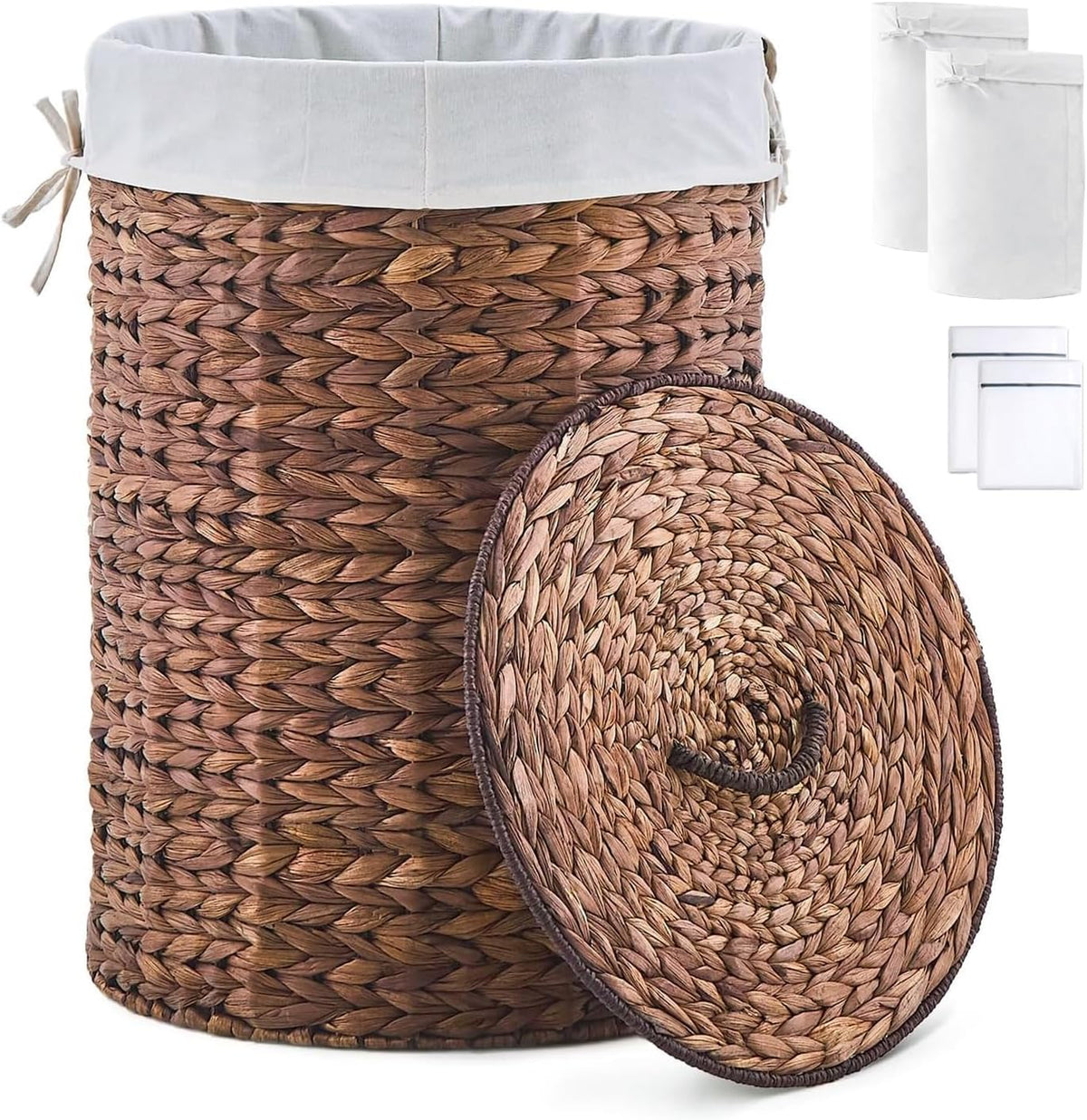 Round Water Hyacinth Laundry Hamper with Lid Handwoven Wicker Basket with Handles for Dirty Clothes, Storage, and Organization Ideal for Bedroom, Bathroom, and Laundry Room, No Assembly Required, 60L