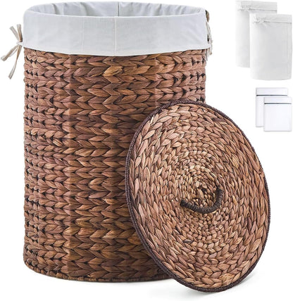 Round Water Hyacinth Laundry Hamper with Lid Handwoven Wicker Basket with Handles for Dirty Clothes, Storage, and Organization Ideal for Bedroom, Bathroom, and Laundry Room, No Assembly Required, 60L