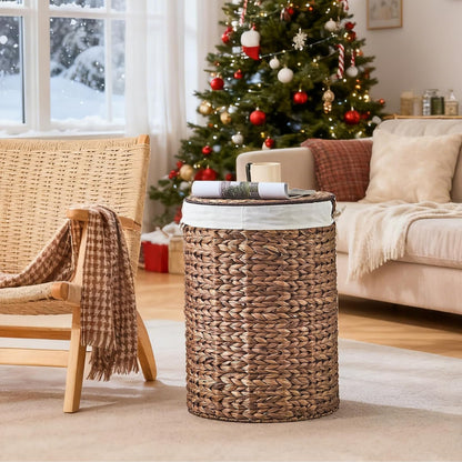 Round Water Hyacinth Laundry Hamper with Lid Handwoven Wicker Basket with Handles for Dirty Clothes, Storage, and Organization Ideal for Bedroom, Bathroom, and Laundry Room, No Assembly Required, 60L
