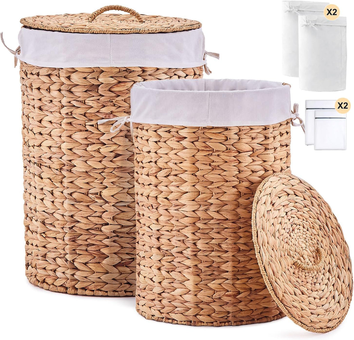 Round Water Hyacinth Laundry Hamper with Lid Handwoven Wicker Basket with Handles for Dirty Clothes, Storage, and Organization Ideal for Bedroom, Bathroom, and Laundry Room, No Assembly Required, 60L