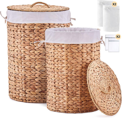 Round Water Hyacinth Laundry Hamper with Lid Handwoven Wicker Basket with Handles for Dirty Clothes, Storage, and Organization Ideal for Bedroom, Bathroom, and Laundry Room, No Assembly Required, 60L
