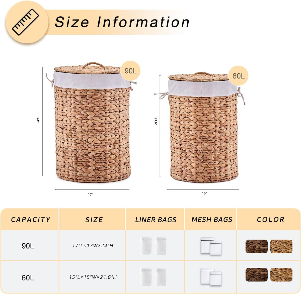 Round Water Hyacinth Laundry Hamper with Lid Handwoven Wicker Basket with Handles for Dirty Clothes, Storage, and Organization Ideal for Bedroom, Bathroom, and Laundry Room, No Assembly Required, 60L