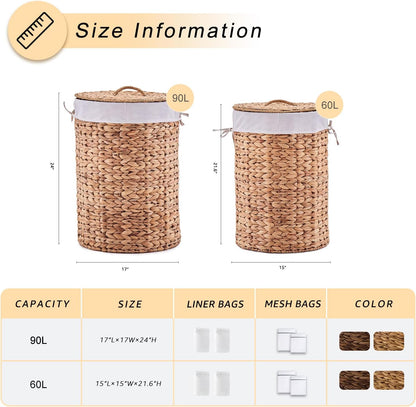 Round Water Hyacinth Laundry Hamper with Lid Handwoven Wicker Basket with Handles for Dirty Clothes, Storage, and Organization Ideal for Bedroom, Bathroom, and Laundry Room, No Assembly Required, 60L