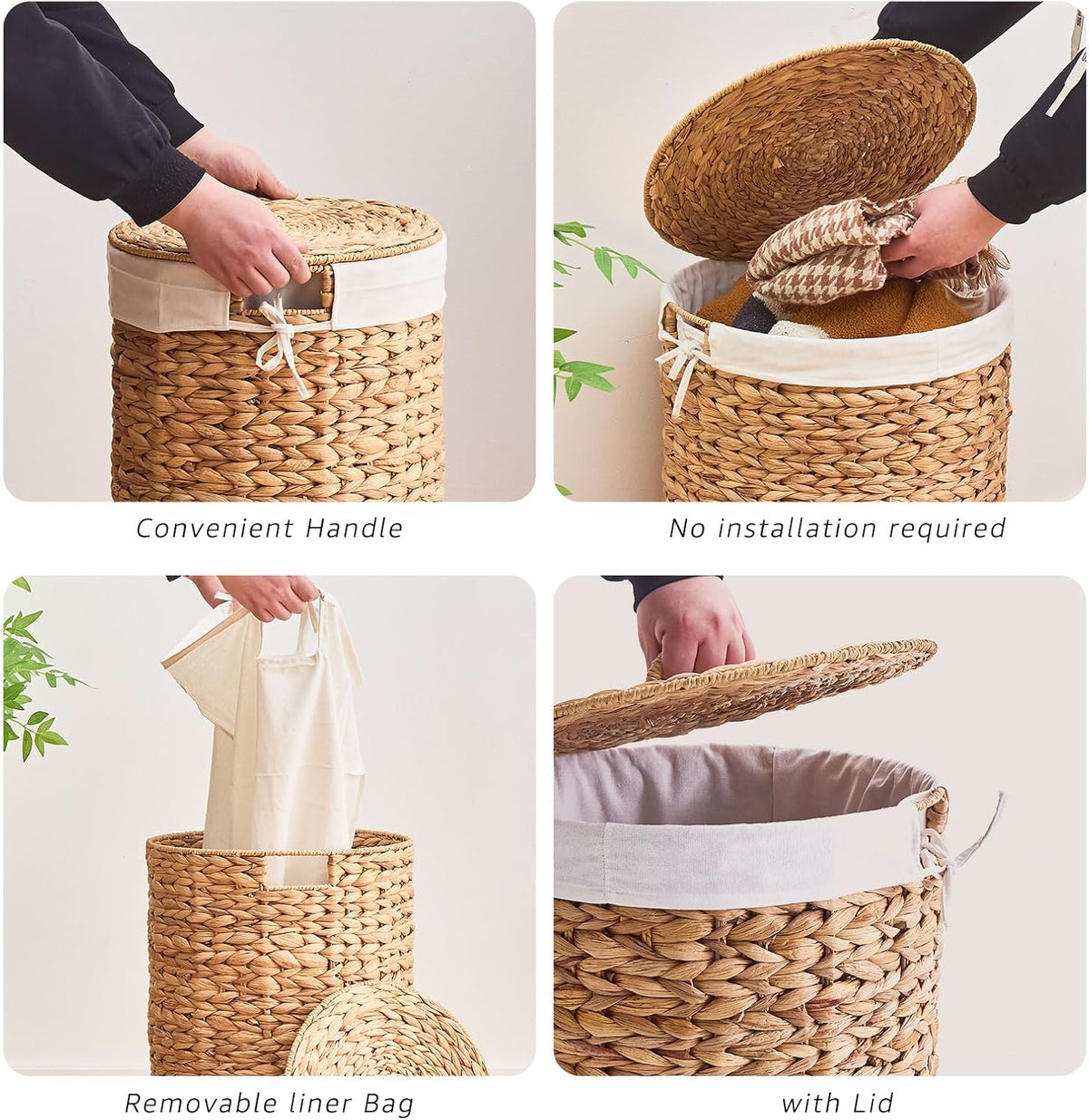 Round Water Hyacinth Laundry Hamper with Lid Handwoven Wicker Basket with Handles for Dirty Clothes, Storage, and Organization Ideal for Bedroom, Bathroom, and Laundry Room, No Assembly Required, 60L