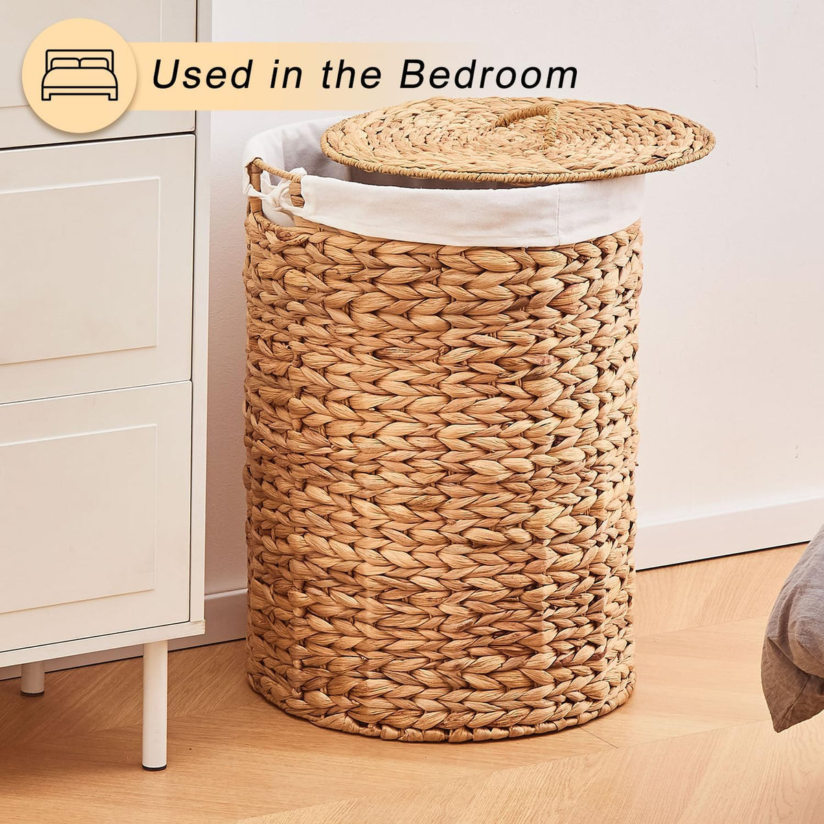 Round Water Hyacinth Laundry Hamper with Lid Handwoven Wicker Basket with Handles for Dirty Clothes, Storage, and Organization Ideal for Bedroom, Bathroom, and Laundry Room, No Assembly Required, 60L