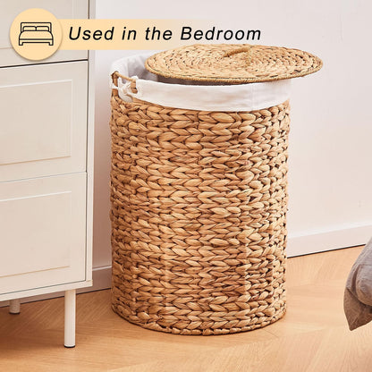 Round Water Hyacinth Laundry Hamper with Lid Handwoven Wicker Basket with Handles for Dirty Clothes, Storage, and Organization Ideal for Bedroom, Bathroom, and Laundry Room, No Assembly Required, 60L