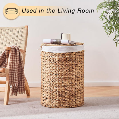 Round Water Hyacinth Laundry Hamper with Lid Handwoven Wicker Basket with Handles for Dirty Clothes, Storage, and Organization Ideal for Bedroom, Bathroom, and Laundry Room, No Assembly Required, 60L