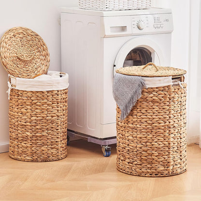 Round Water Hyacinth Laundry Hamper with Lid Handwoven Wicker Basket with Handles for Dirty Clothes, Storage, and Organization Ideal for Bedroom, Bathroom, and Laundry Room, No Assembly Required, 60L