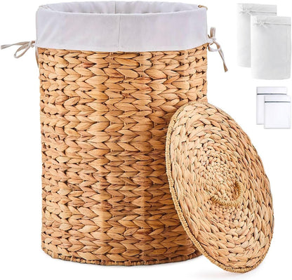 Round Water Hyacinth Laundry Hamper with Lid Handwoven Wicker Basket with Handles for Dirty Clothes, Storage, and Organization Ideal for Bedroom, Bathroom, and Laundry Room, No Assembly Required, 60L