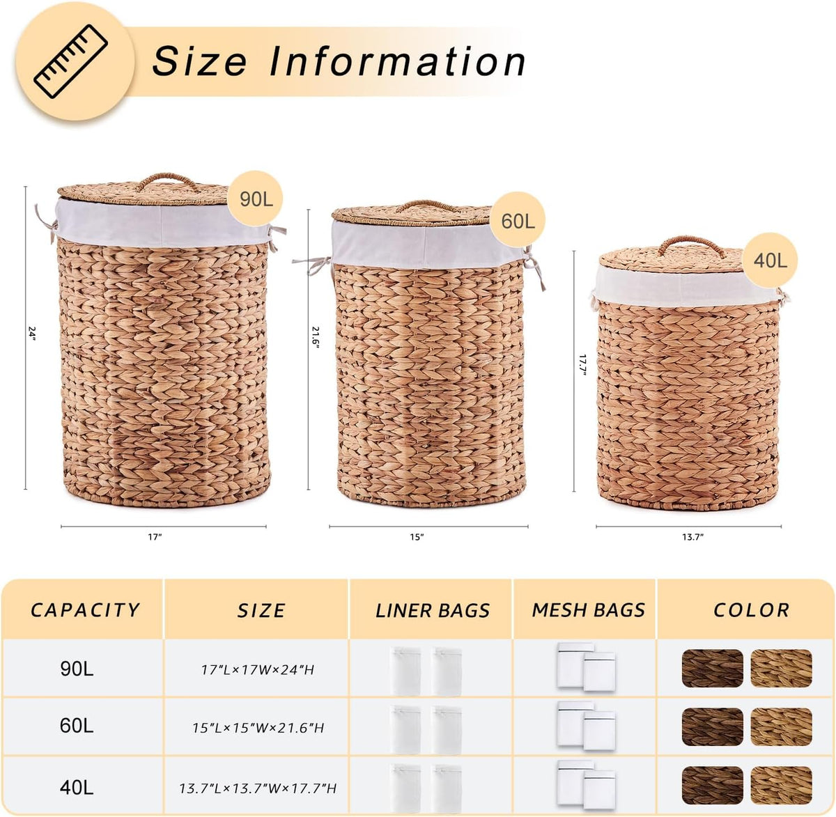 Round Water Hyacinth Laundry Hamper with Lid Handwoven Wicker Basket with Handles for Dirty Clothes, Storage, and Organization Ideal for Bedroom, Bathroom, and Laundry Room, No Assembly Required, 60L