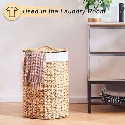 Round Water Hyacinth Laundry Hamper with Lid Handwoven Wicker Basket with Handles for Dirty Clothes, Storage, and Organization Ideal for Bedroom, Bathroom, and Laundry Room, No Assembly Required, 60L