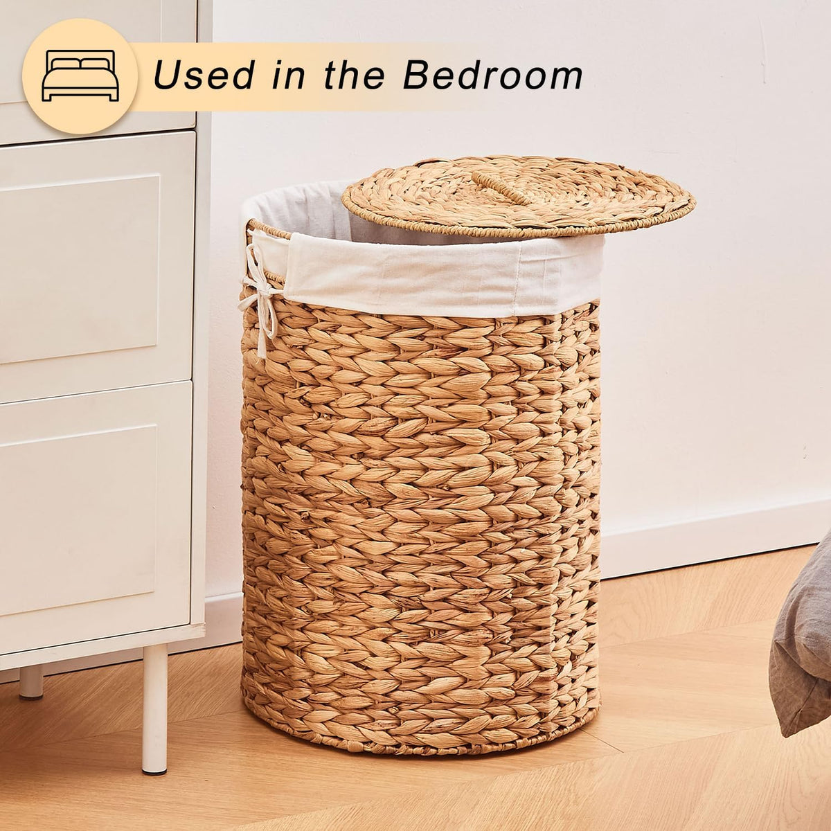 Round Water Hyacinth Laundry Hamper with Lid Handwoven Wicker Basket with Handles for Dirty Clothes, Storage, and Organization Ideal for Bedroom, Bathroom, and Laundry Room, No Assembly Required, 60L