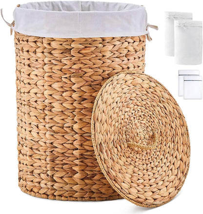 Round Water Hyacinth Laundry Hamper with Lid Handwoven Wicker Basket with Handles for Dirty Clothes, Storage, and Organization Ideal for Bedroom, Bathroom, and Laundry Room, No Assembly Required, 60L