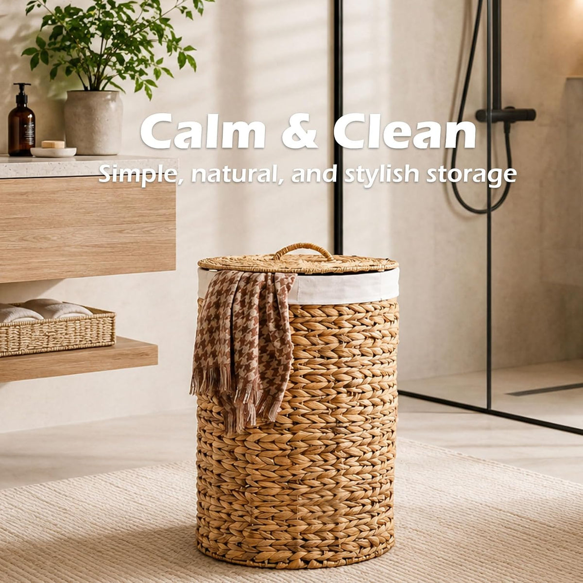 Round Water Hyacinth Laundry Hamper with Lid Handwoven Wicker Basket with Handles for Dirty Clothes, Storage, and Organization Ideal for Bedroom, Bathroom, and Laundry Room, No Assembly Required, 60L
