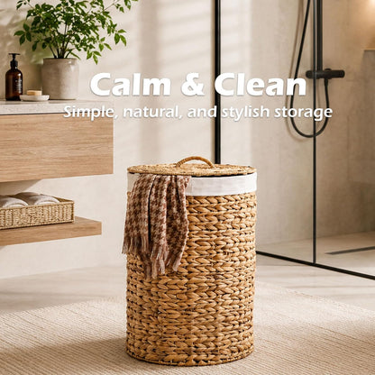Round Water Hyacinth Laundry Hamper with Lid Handwoven Wicker Basket with Handles for Dirty Clothes, Storage, and Organization Ideal for Bedroom, Bathroom, and Laundry Room, No Assembly Required, 60L