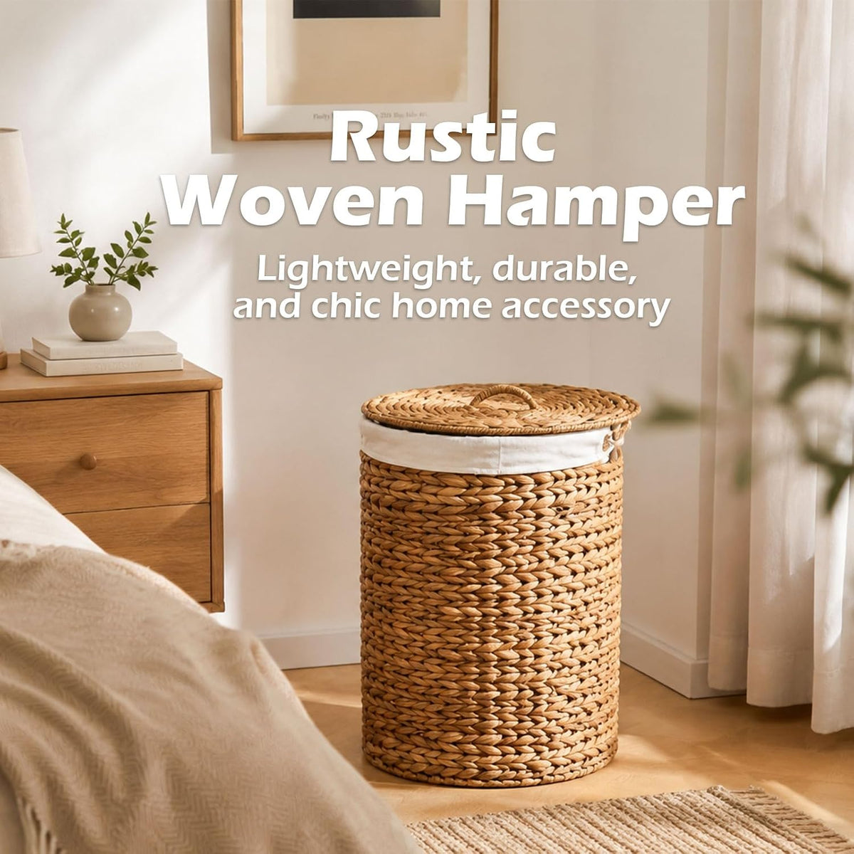 Round Water Hyacinth Laundry Hamper with Lid Handwoven Wicker Basket with Handles for Dirty Clothes, Storage, and Organization Ideal for Bedroom, Bathroom, and Laundry Room, No Assembly Required, 60L