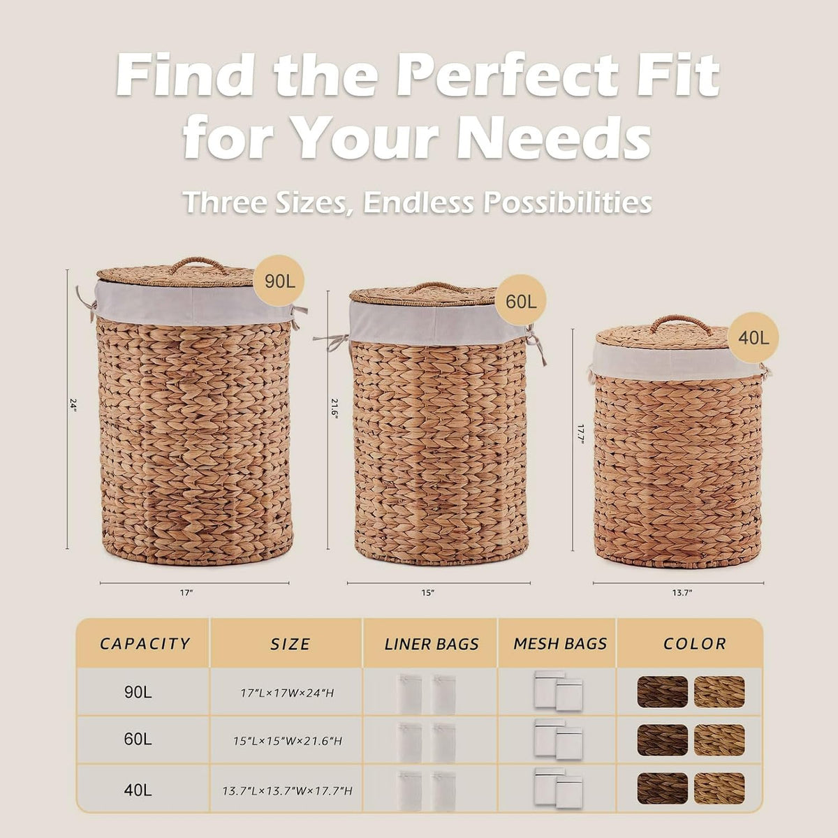 Round Water Hyacinth Laundry Hamper with Lid Handwoven Wicker Basket with Handles for Dirty Clothes, Storage, and Organization Ideal for Bedroom, Bathroom, and Laundry Room, No Assembly Required, 60L