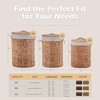 Round Water Hyacinth Laundry Hamper with Lid Handwoven Wicker Basket with Handles for Dirty Clothes, Storage, and Organization Ideal for Bedroom, Bathroom, and Laundry Room, No Assembly Required, 60L