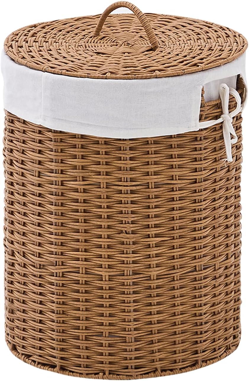 Round Water Hyacinth Laundry Hamper with Lid Handwoven Wicker Basket with Handles for Dirty Clothes, Storage, and Organization Ideal for Bedroom, Bathroom, and Laundry Room, No Assembly Required, 60L
