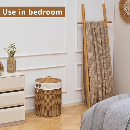 Round Water Hyacinth Laundry Hamper with Lid Handwoven Wicker Basket with Handles for Dirty Clothes, Storage, and Organization Ideal for Bedroom, Bathroom, and Laundry Room, No Assembly Required, 60L