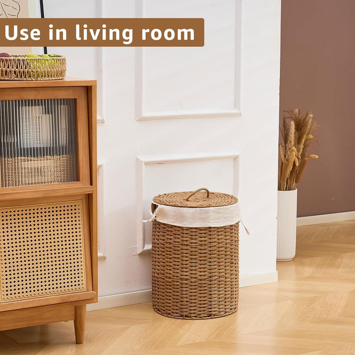 Round Water Hyacinth Laundry Hamper with Lid Handwoven Wicker Basket with Handles for Dirty Clothes, Storage, and Organization Ideal for Bedroom, Bathroom, and Laundry Room, No Assembly Required, 60L