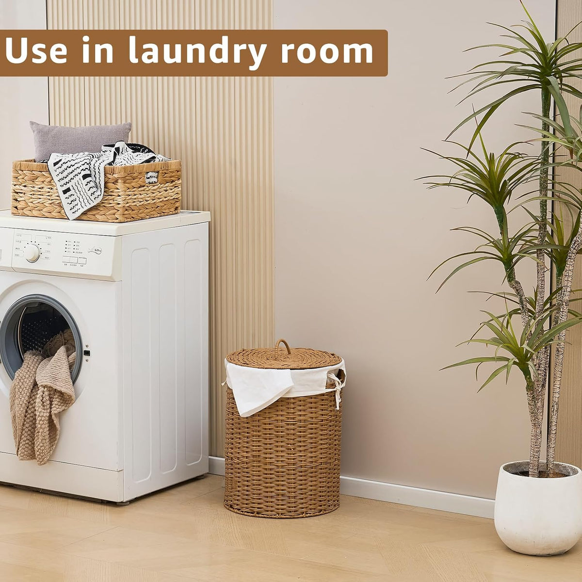 Round Water Hyacinth Laundry Hamper with Lid Handwoven Wicker Basket with Handles for Dirty Clothes, Storage, and Organization Ideal for Bedroom, Bathroom, and Laundry Room, No Assembly Required, 60L