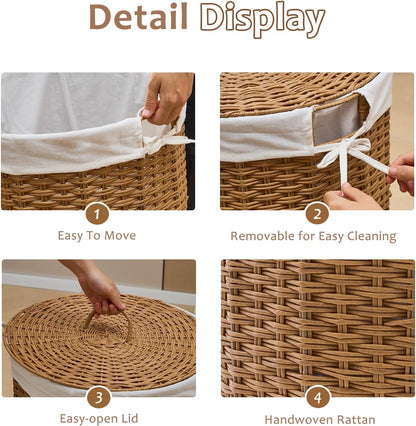 Round Water Hyacinth Laundry Hamper with Lid Handwoven Wicker Basket with Handles for Dirty Clothes, Storage, and Organization Ideal for Bedroom, Bathroom, and Laundry Room, No Assembly Required, 60L