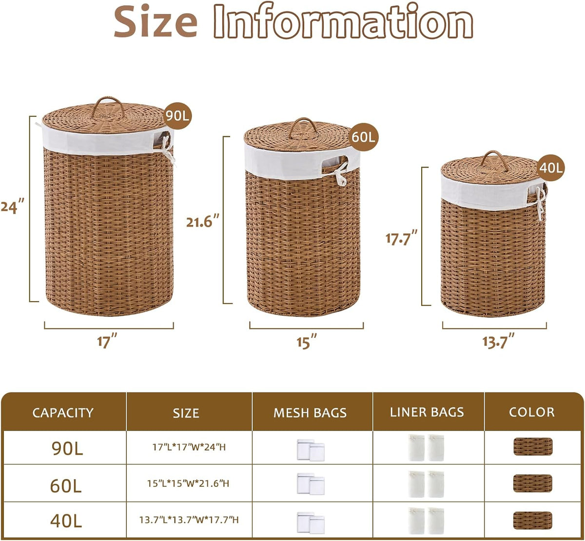 Round Water Hyacinth Laundry Hamper with Lid Handwoven Wicker Basket with Handles for Dirty Clothes, Storage, and Organization Ideal for Bedroom, Bathroom, and Laundry Room, No Assembly Required, 60L
