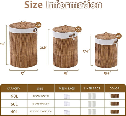 Round Water Hyacinth Laundry Hamper with Lid Handwoven Wicker Basket with Handles for Dirty Clothes, Storage, and Organization Ideal for Bedroom, Bathroom, and Laundry Room, No Assembly Required, 60L
