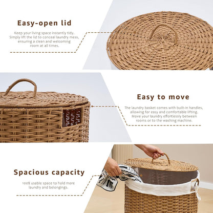 Round Water Hyacinth Laundry Hamper with Lid Handwoven Wicker Basket with Handles for Dirty Clothes, Storage, and Organization Ideal for Bedroom, Bathroom, and Laundry Room, No Assembly Required, 60L