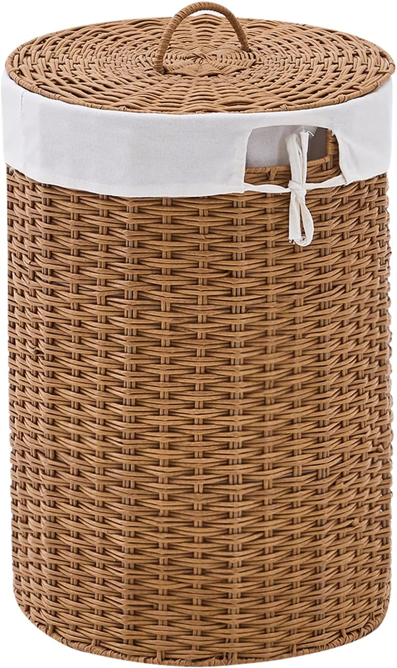 Round Water Hyacinth Laundry Hamper with Lid Handwoven Wicker Basket with Handles for Dirty Clothes, Storage, and Organization Ideal for Bedroom, Bathroom, and Laundry Room, No Assembly Required, 60L