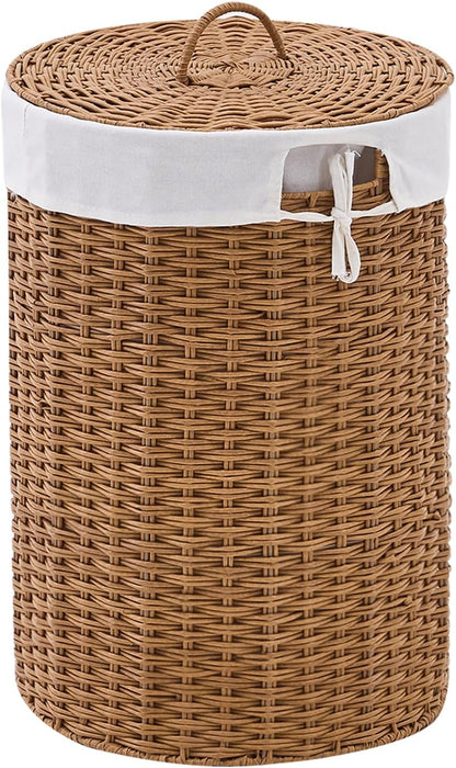 Round Water Hyacinth Laundry Hamper with Lid Handwoven Wicker Basket with Handles for Dirty Clothes, Storage, and Organization Ideal for Bedroom, Bathroom, and Laundry Room, No Assembly Required, 60L
