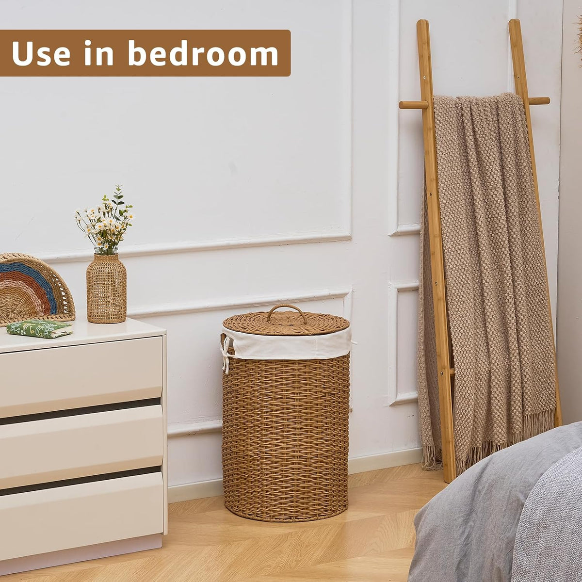 Round Water Hyacinth Laundry Hamper with Lid Handwoven Wicker Basket with Handles for Dirty Clothes, Storage, and Organization Ideal for Bedroom, Bathroom, and Laundry Room, No Assembly Required, 60L